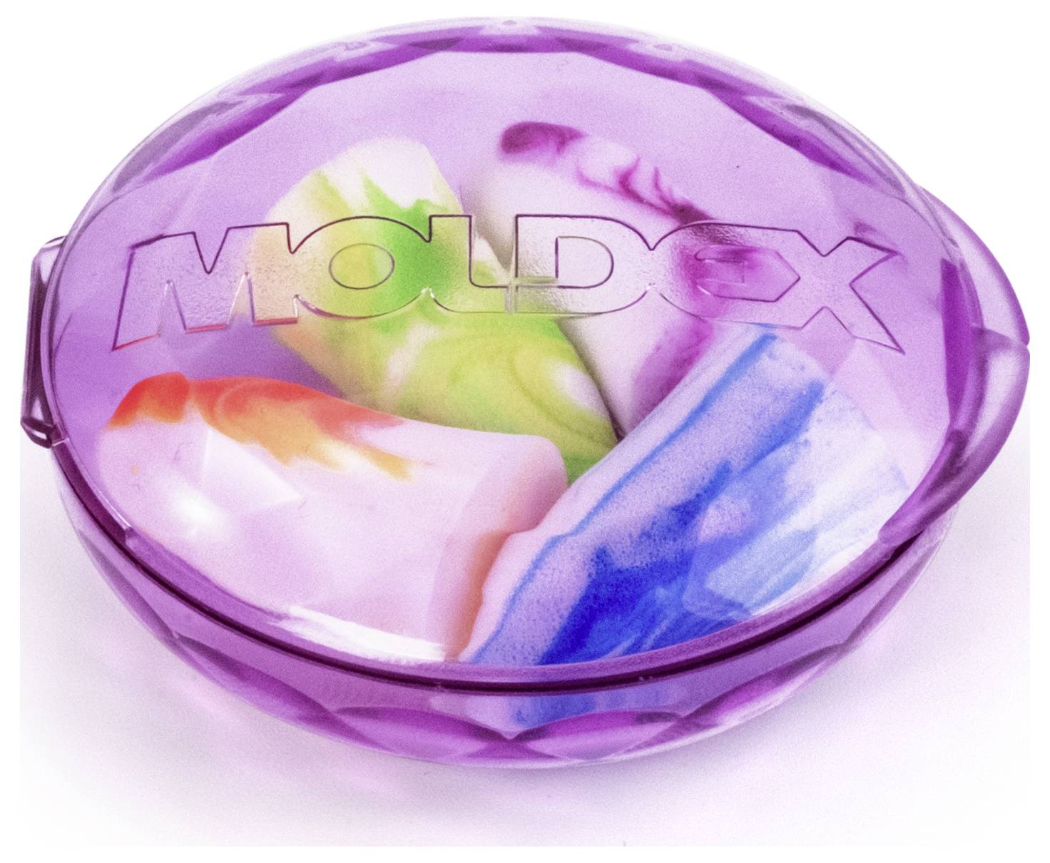 Fioletowy okrągły pojemnik z etykietą "Moldex" zawiera kolorowe wkładki uszne w zielone, niebieskie, pomarańczowe i białe wzory.