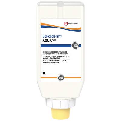 Plastikowa butelka o pojemności 1L kremu ochronnego 'Stokoderm Aqua Pure'. Nieperfumowany, chroni przed substancjami rozpuszczalnymi w wodzie podczas pracy.