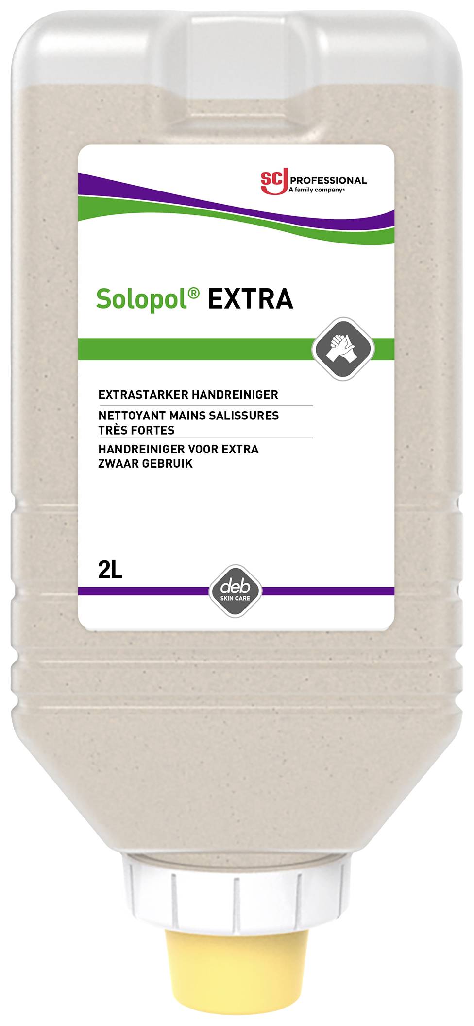 Butelka z etykietą 'Solopol® EXTRA', środek do czyszczenia rąk przeznaczony do silnych zabrudzeń, o pojemności 2 litrów.