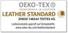 Etykieta 'OEKO-TEX STANDARD DLA SKÓR'. Sprawdzone wyroby skórzane pod kątem substancji szkodliwych. Link: www.oeko-tex.com/leatherstandard.