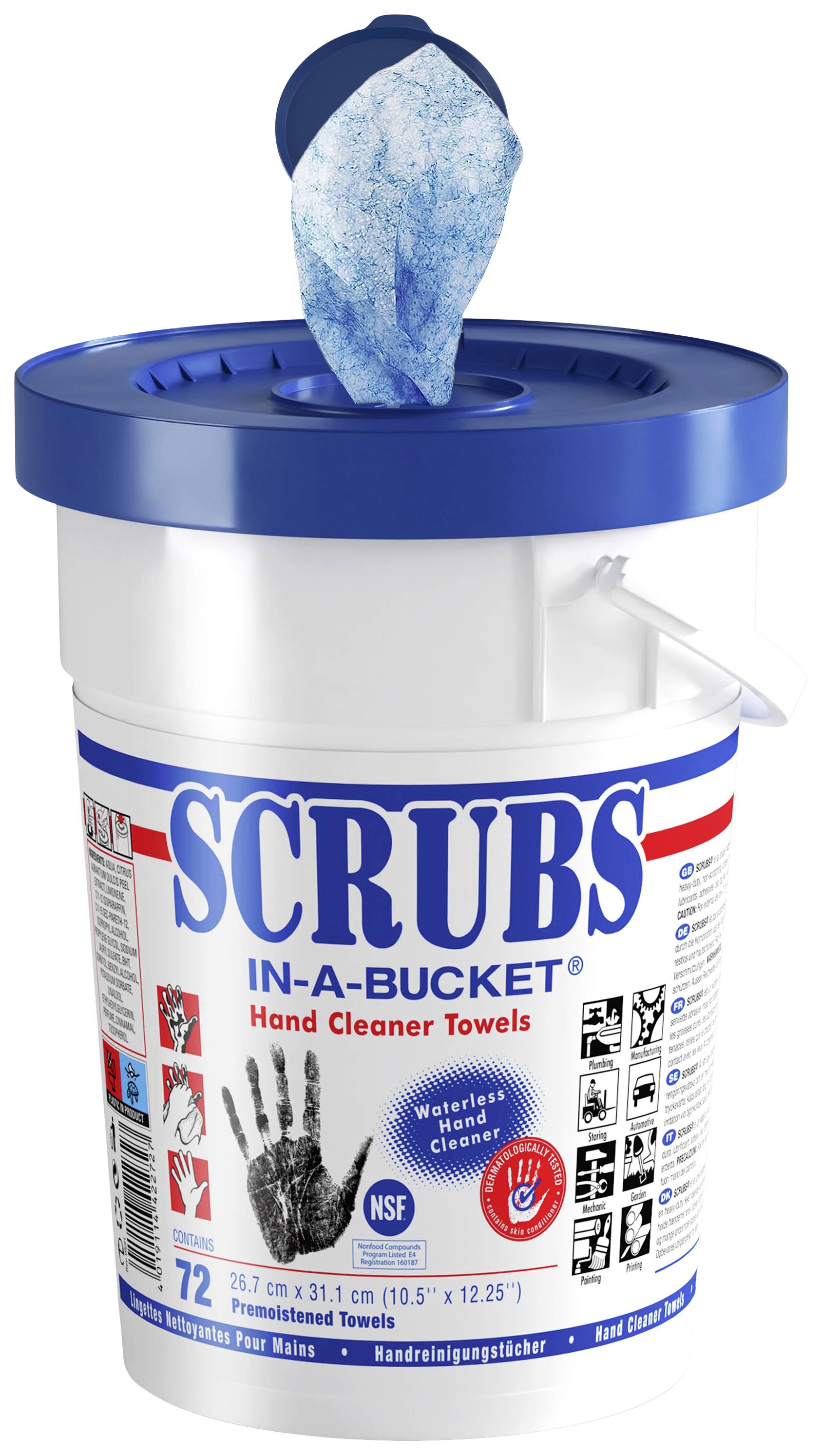Wiadro z niebieskimi ściereczkami do czyszczenia rąk, na którym widnieje napis 'SCRUBS IN-A-BUCKET'. Zawiera 72 ściereczki do czyszczenia bez użycia wody.
