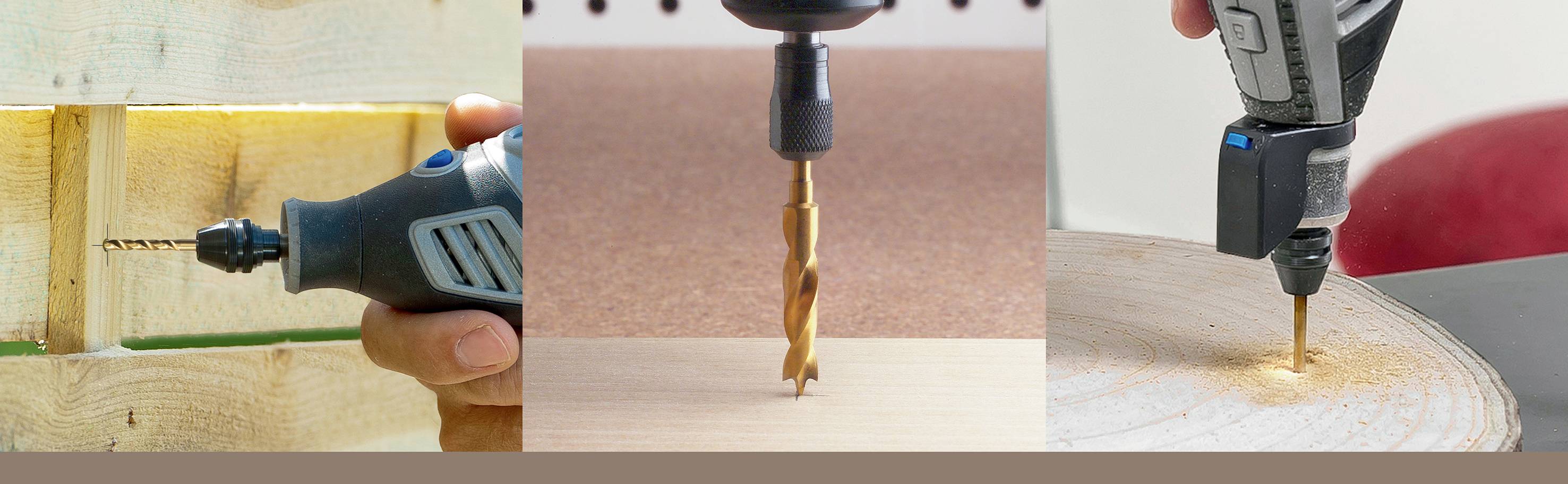 'Trzy zbliżenia wiertarek wykonujących otwory w różnych materiałach: drewnie, sklejce i płaskiej powierzchni.'