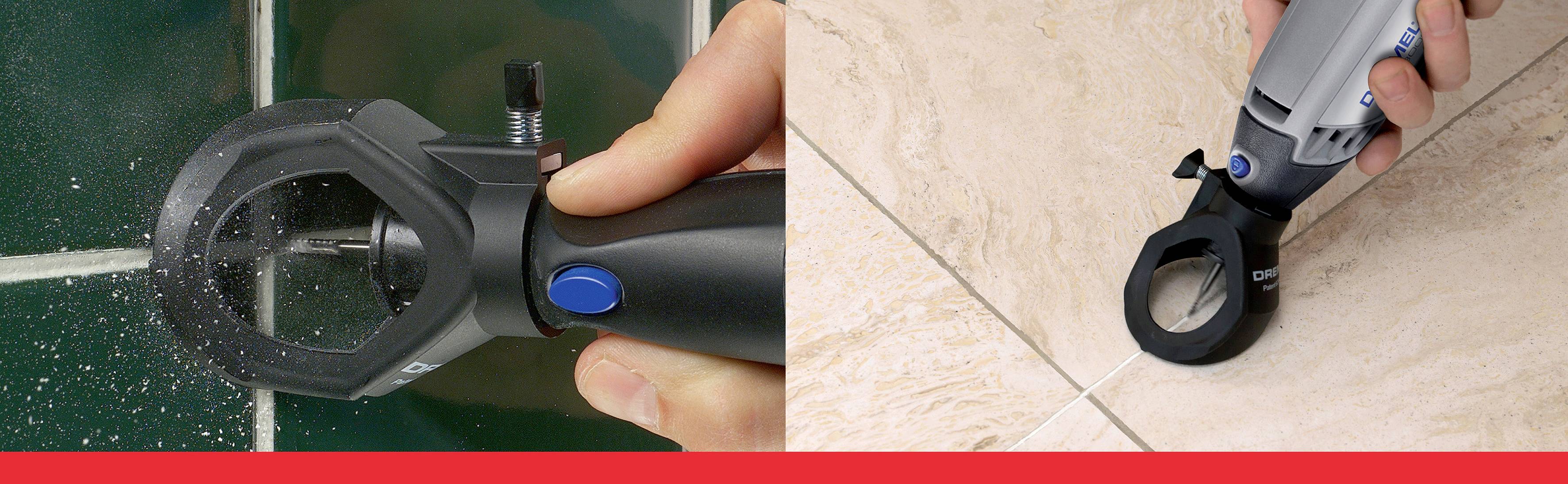 Dłoń trzyma obracające się narzędzie, które wycina fugi między płytkami. Po lewej stronie zielone tło płytek, po prawej beżowe płytki.