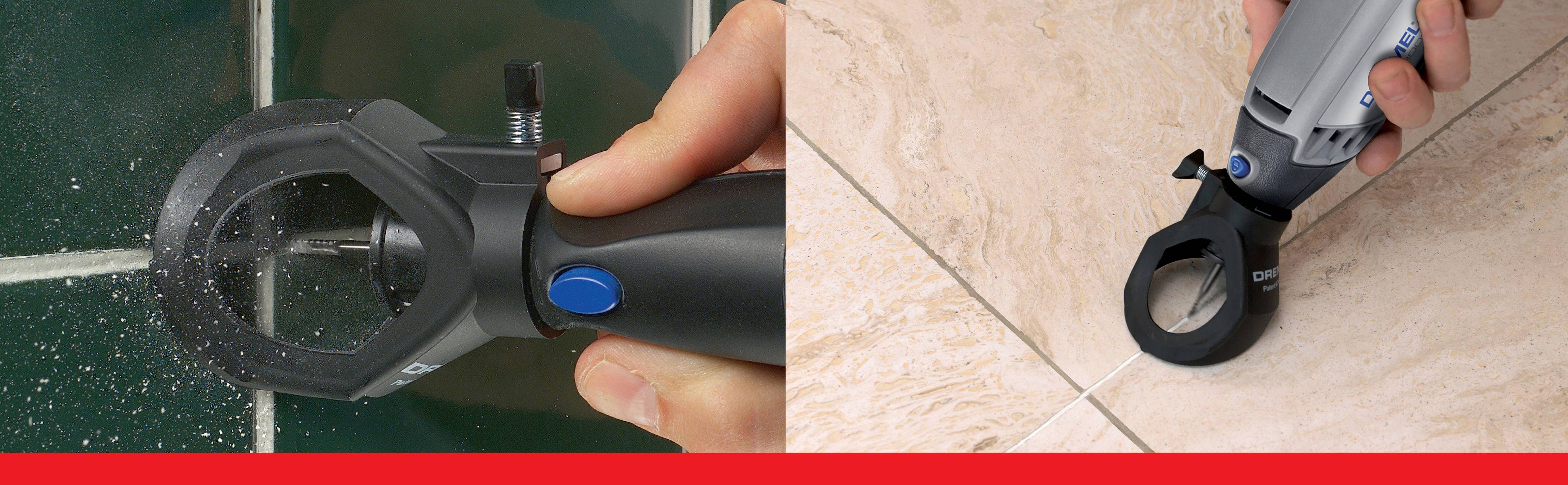 'Dwa zdjęcia przedstawiają, jak narzędzie z okrągłą osłoną jest używane przy spoinach płytek ceramicznych, aby wykonać precyzyjne cięcia.'