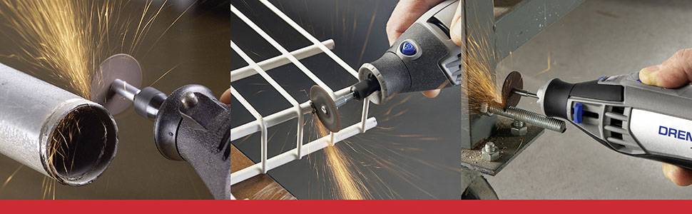 Ilustracja przedstawia trzy sceny z narzędziem Dremel, które tnie i szlifuje metal. W każdej scenie z punktu cięcia lecą iskry.