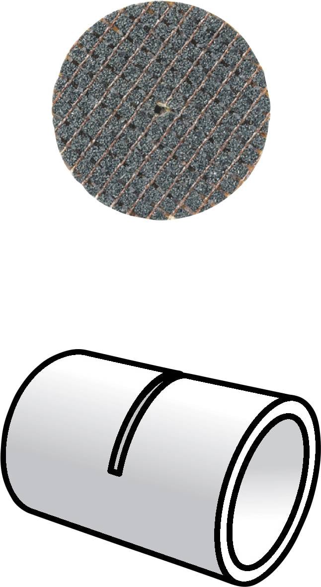 Tarcza szlifierska i rura metalowa: Tarcza szlifierska jest okrągła z rowkami; rura jest cylindryczna z wąską szczeliną.