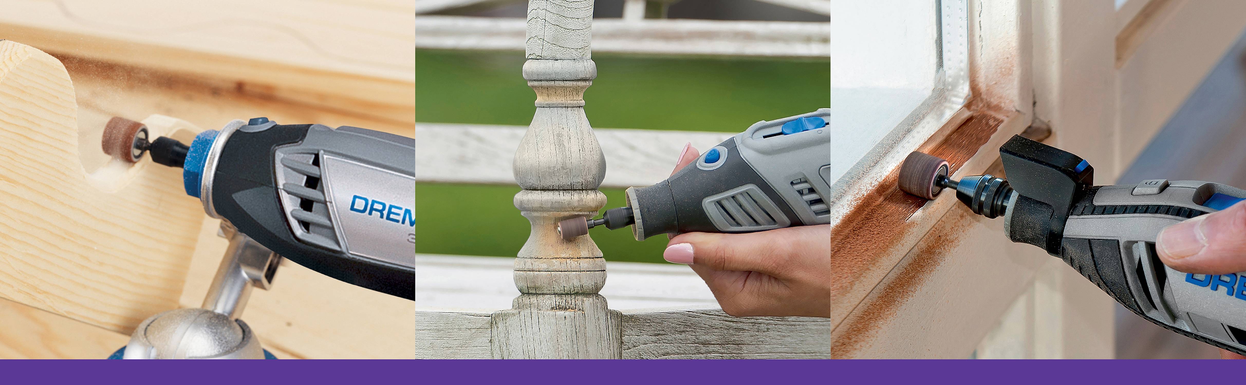 'Trzy zdjęcia obok siebie prezentują wielofunkcyjne narzędzie szlifierskie podczas obróbki powierzchni drewnianych: mebli, poręczy i ram okiennych.'