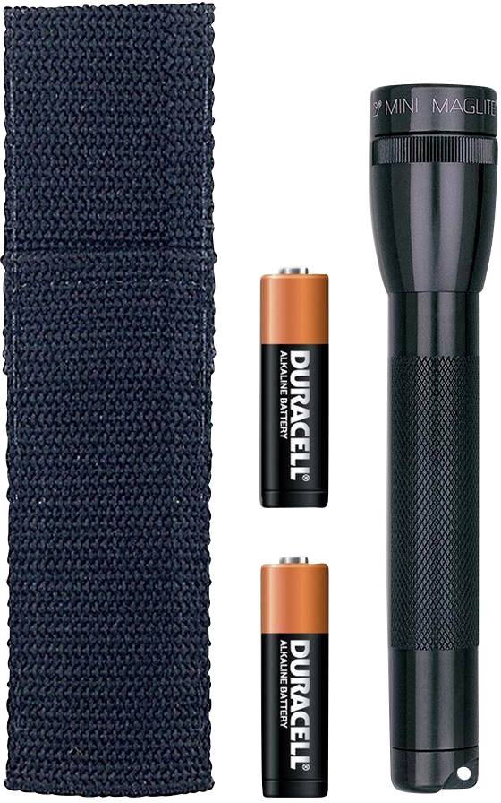 Latarka z etui i dwiema bateriami obok.