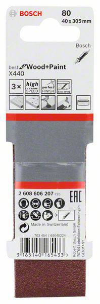 Arkusz ścierny Bosch, idealny do drewna i farby. Wymiary: 40 x 305 mm, ziarnistość: 80, wyprodukowany w Szwajcarii. Zawiera trzy sztuki.