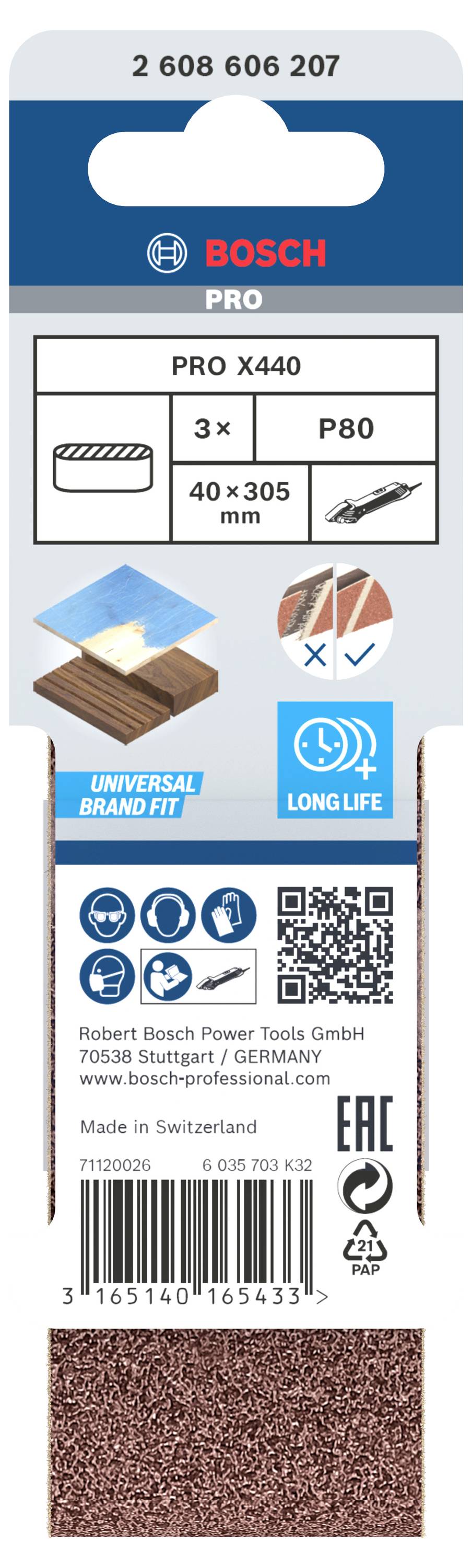 Opakowanie papieru ściernego Bosch PRO X440, ziarno P80, 3 sztuki, pasujące do szlifierek 40x305 mm. Zawiera dane producenta i kod QR.
