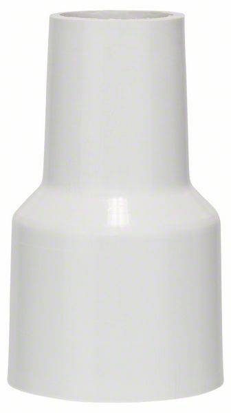 Biały adapter z tworzywa sztucznego o stożkowatym kształcie. Zwężający się ku górze, szerszy u dołu, prawdopodobnie element wyposażenia odkurzacza.