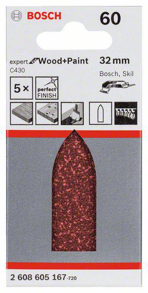 Opakowanie papieru ściernego Bosch, ziarnistość 60, odpowiedni do drewna i farby, o długości 32 mm. Zawiera pięć arkuszy do precyzyjnego wykańczania.
