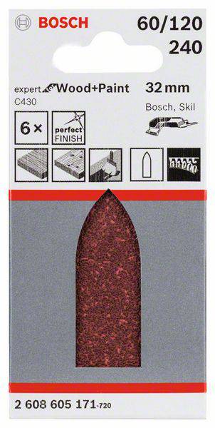 Papier ścierny Bosch, gradacja 60/120/240, szerokość 32 mm, Expert do drewna i farby, 6 sztuk, doskonała powierzchnia, odpowiedni do Bosch, Skil.