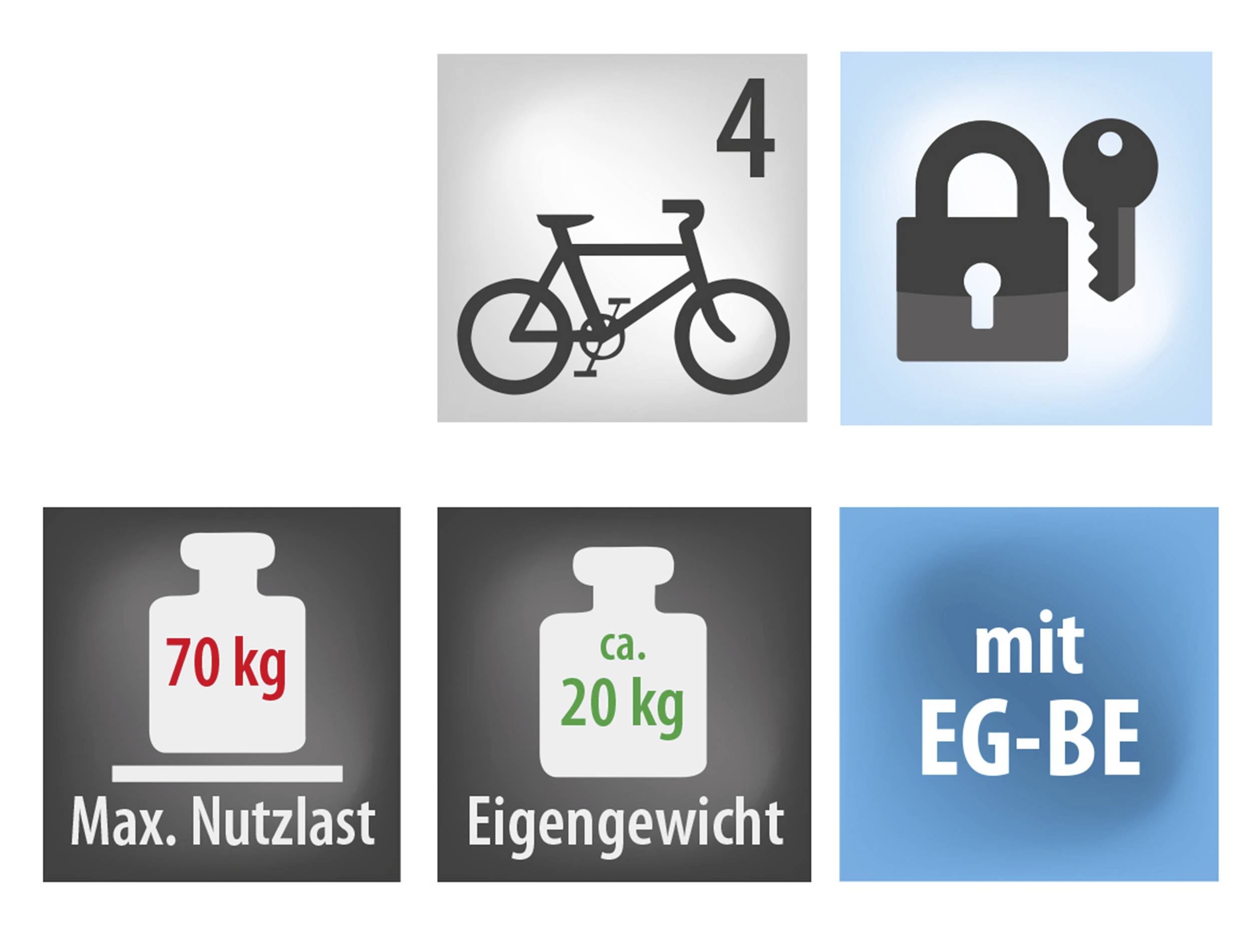 Grafiki przedstawiają symbole: rower dla 4 rowerów, kłódka z kluczem, symbole wagi oznaczające maksymalną ładowność 70 kg oraz masę własną około 20 kg, tekst 'z EG-BE'.