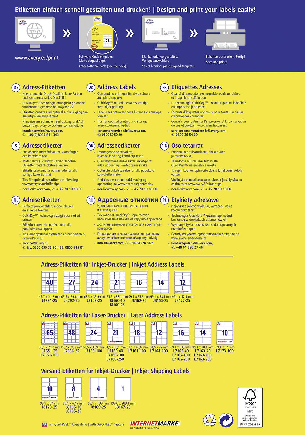 Адресна етикетка Avery-Zweckform J4791-25 45,7 x 21,2 мм Білий папір 1200 шт. Міцний струменевий принтер, принтер етикеток