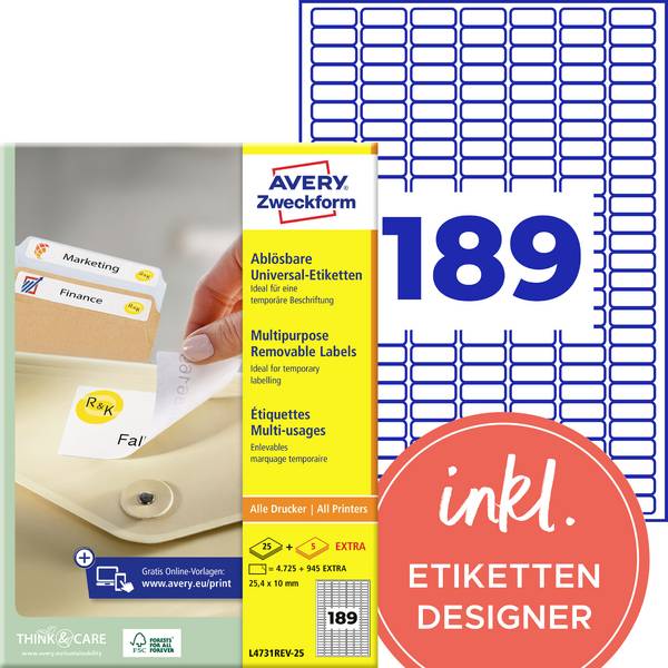 Avery-Zweckform L4731REV-25 Etykieta uniwersalna 25.4 x 10 mm Papier biały 5760 szt. Z możliwością usunięcia Drukarka atramentowa, Drukarka Laserowa, Drukarka Laserowa, kolorowa, Kopiarka, Drukarka z funkcją kopiowania w kolorze, Drukarka etykiet