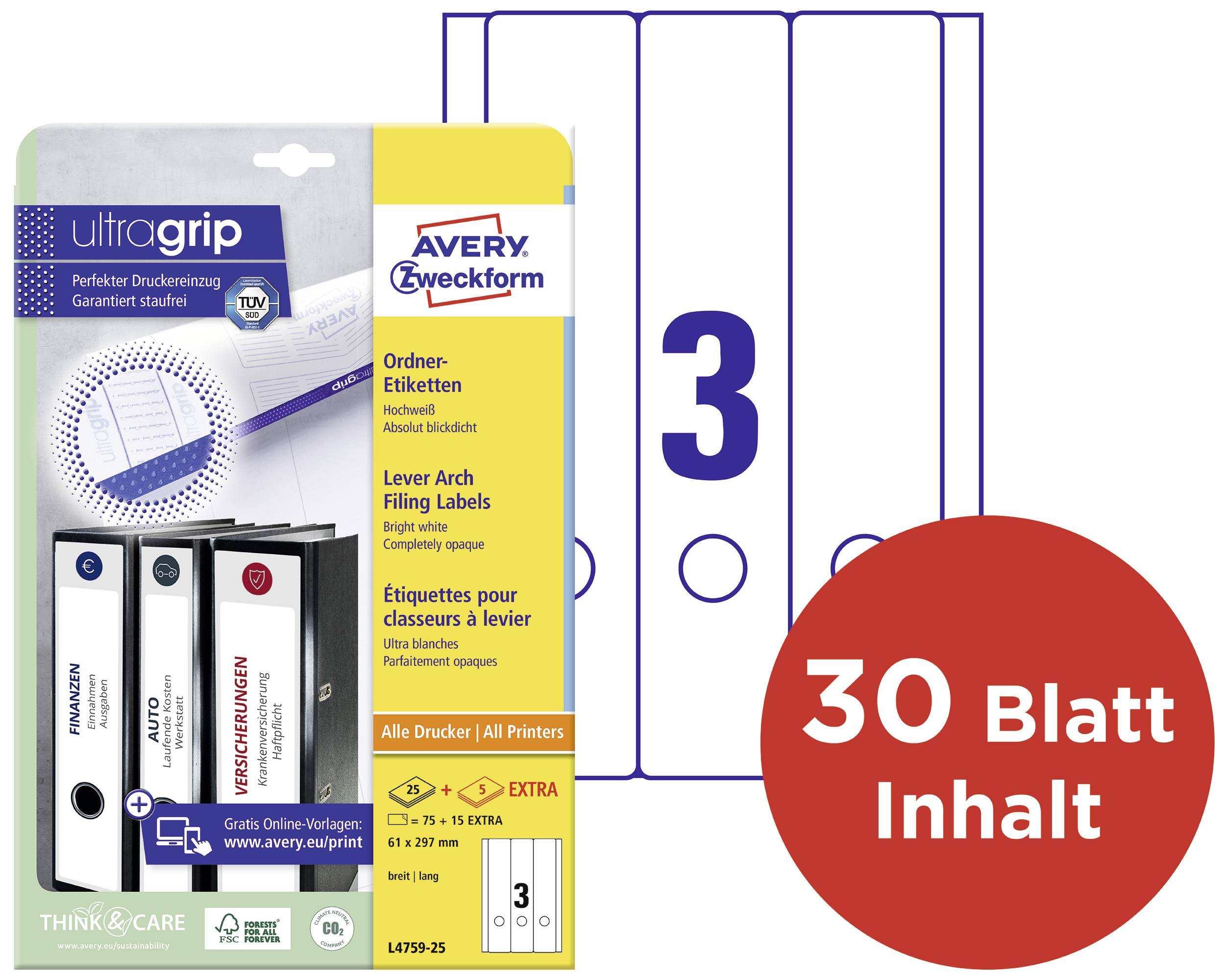 Etykiety do segregatorów z 30 arkuszami. Odpowiednie do wszystkich drukarek. Zawiera etykiety w kolorach niebieskim, białym i czerwonym. Rozmiar 27 x 97 mm.