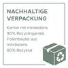 Zrównoważone opakowanie: Karton z co najmniej 90% zawartością materiałów z recyklingu, torebka foliowa z co najmniej 80% udziałem surowców wtórnych. Ikona kartonu z symbolem recyklingu.
