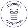 'QuickPeel Pomoc przy zdejmowaniu' widnieje w logo w kształcie koła. Poniżej znajduje się symbol przedstawiający dwie strzałki wskazujące na otwartą etykietę.
