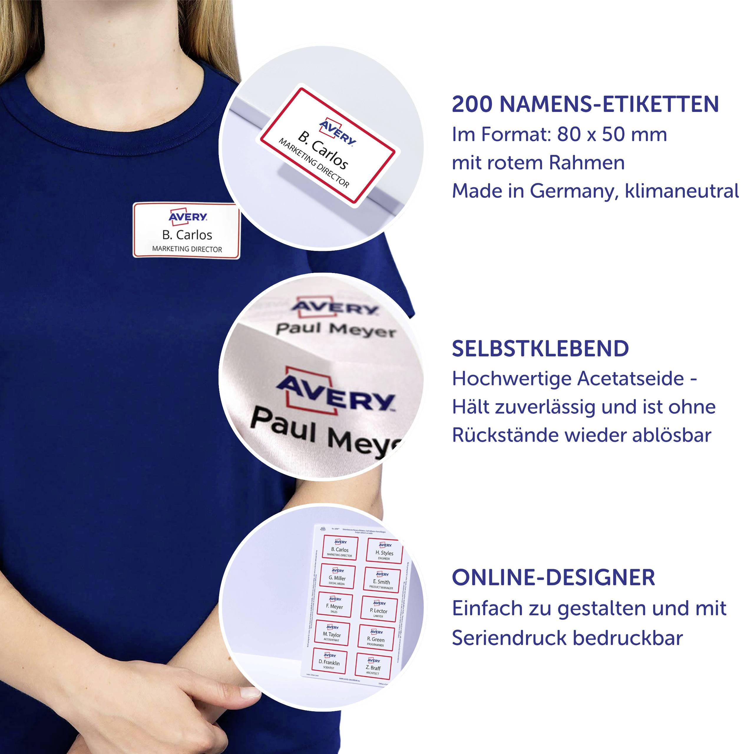 Ekran komputera wyświetla 'Twój projekt' na białym tle, wraz ze stroną internetową 'www.avery.eu/print'. Tekst poniżej: 'Darmowe szablony online'.