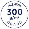 'Premium 300 g/m²' niebieskim tekstem na białym tle. Pięć stylizowanych gwiazd pod tekstem.