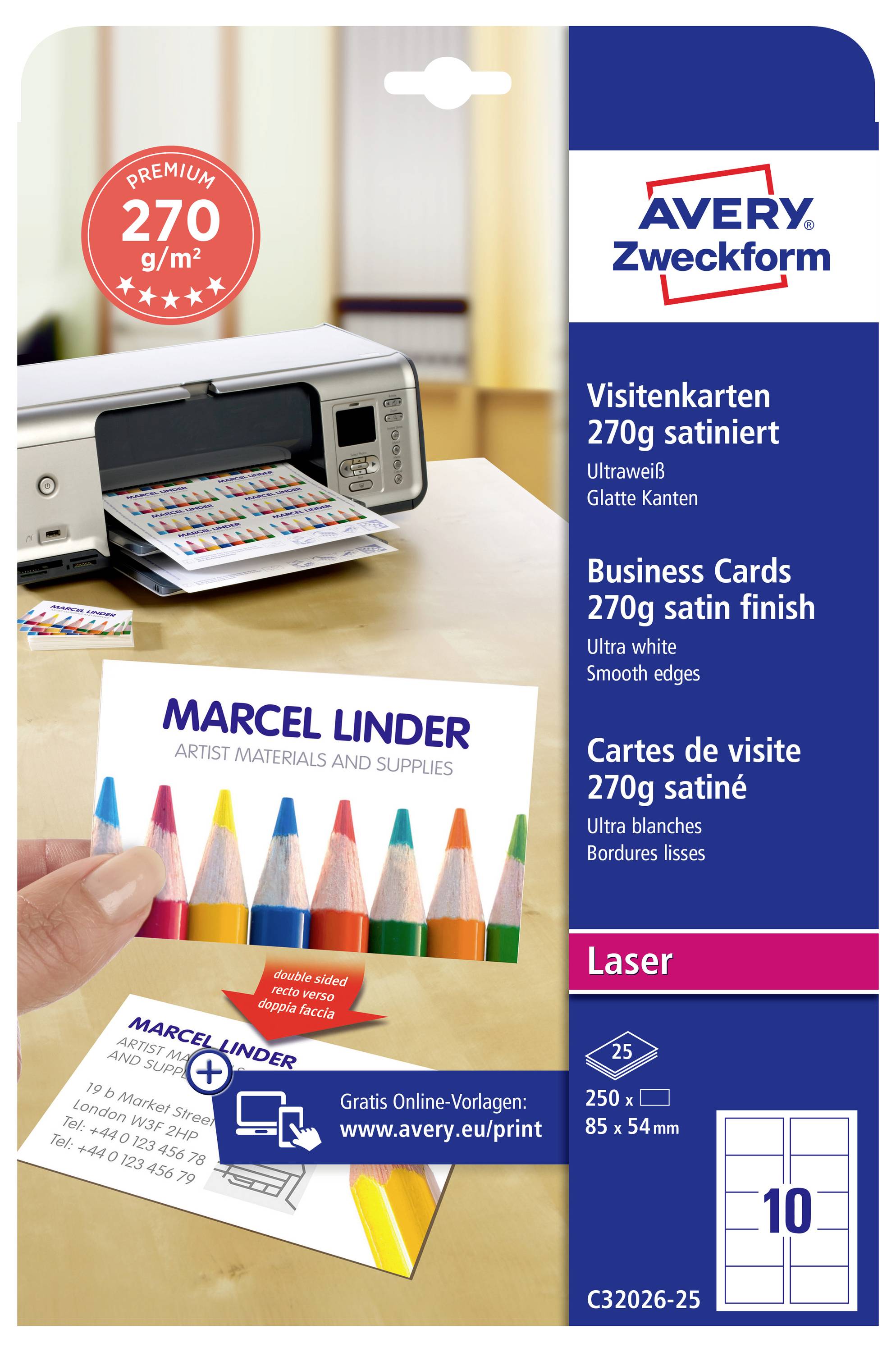 Wizytówki Avery Zweckform premium 270 g/m² o matowym wykończeniu, opakowanie 10 sztuk, pokazane z przykładową wydrukowaną wizytówką i wielokolorowymi ołówkami.