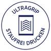 Logo 'Avery Zweckform UltraGrip' z wygrawerowanym stylizowanym wałkiem drukarskim pośrodku. Tekst 'Bezproblemowe drukowanie' ułożony kołowo wokół symbolu.
