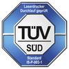 Logo 'TÜV SÜD' z napisem 'Laser drukarka sprawdzona, Standard IS-P-002-1'. Ośmiokątny kształt na niebieskim tle.