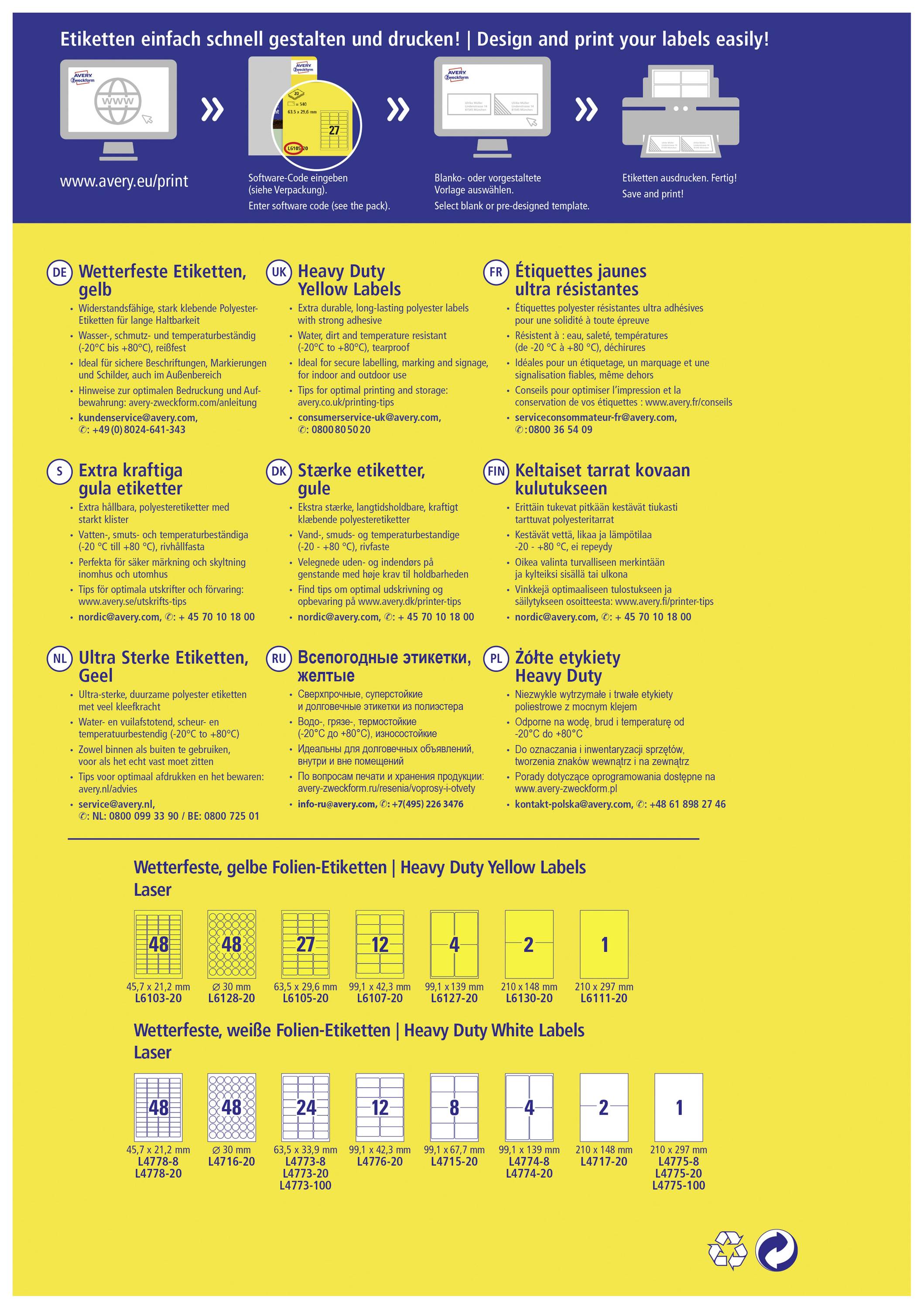 Фольговані етикетки Avery-Zweckform L6111-20 210 x 297 мм Поліестерова плівка жовта 20 шт. Міцний кольоровий лазерний принтер, лаз