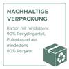 Zrównoważone opakowanie: karton zawierający co najmniej 90% materiału z recyklingu, torebka foliowa wykonana z co najmniej 80% surowców wtórnych.' Symbol kartonu nadającego się do recyklingu.