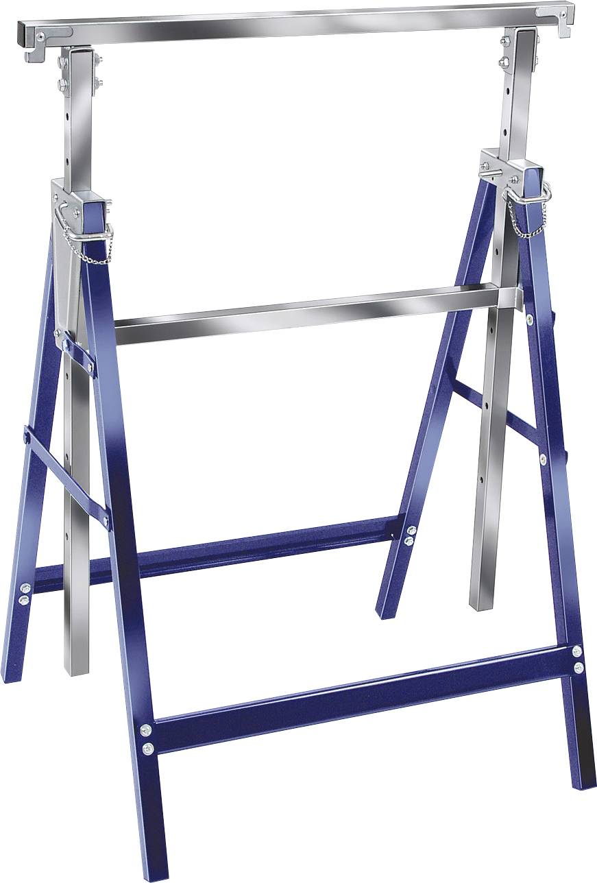 Niebieski i srebrny regulowany stół roboczy z dwoma składanymi podporami w stylu kozła i górnym poprzecznym wspornikiem, pokazany na białym tle.