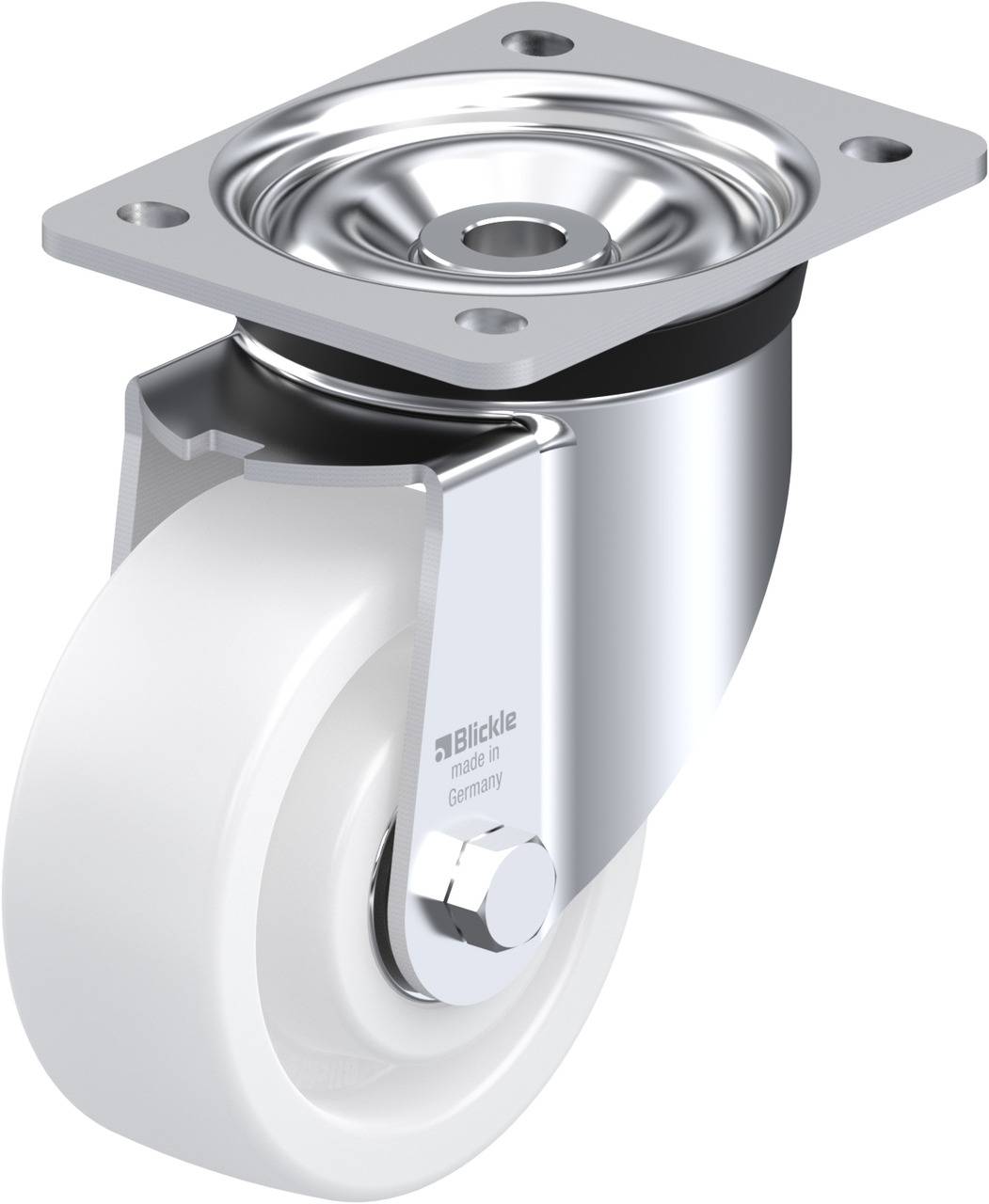 'Metalowa rolka obrotowa z białym kołem, płytą montażową u góry, odpowiednia do wózków transportowych lub mebli.'