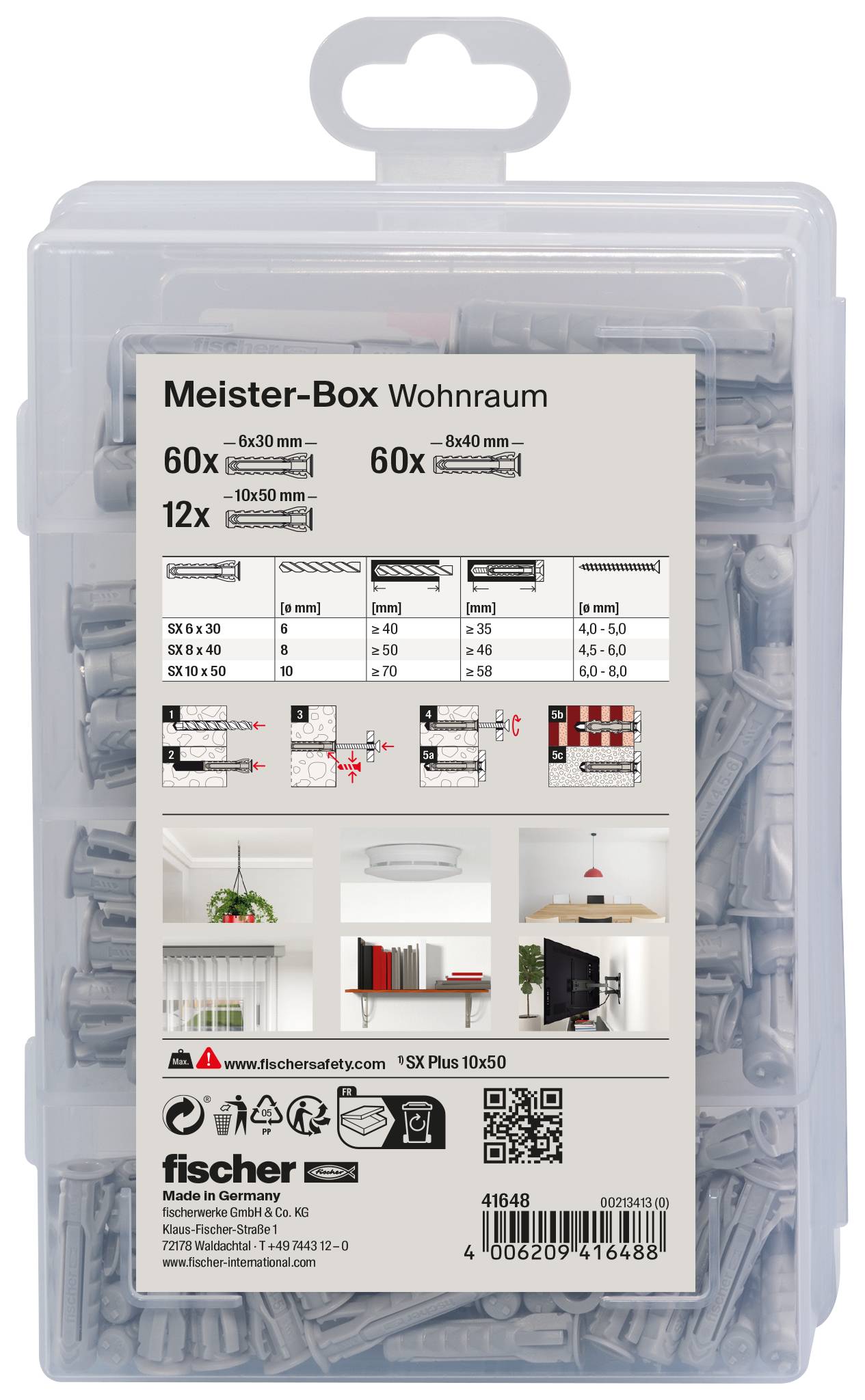 Przezroczyste plastikowe pudełko ze ściankami i śrubami oznaczone „Meister-Box Wohnraum", pokazujące rozmiary 6x30, 8x40 i 10x50 z diagramami montażu.
