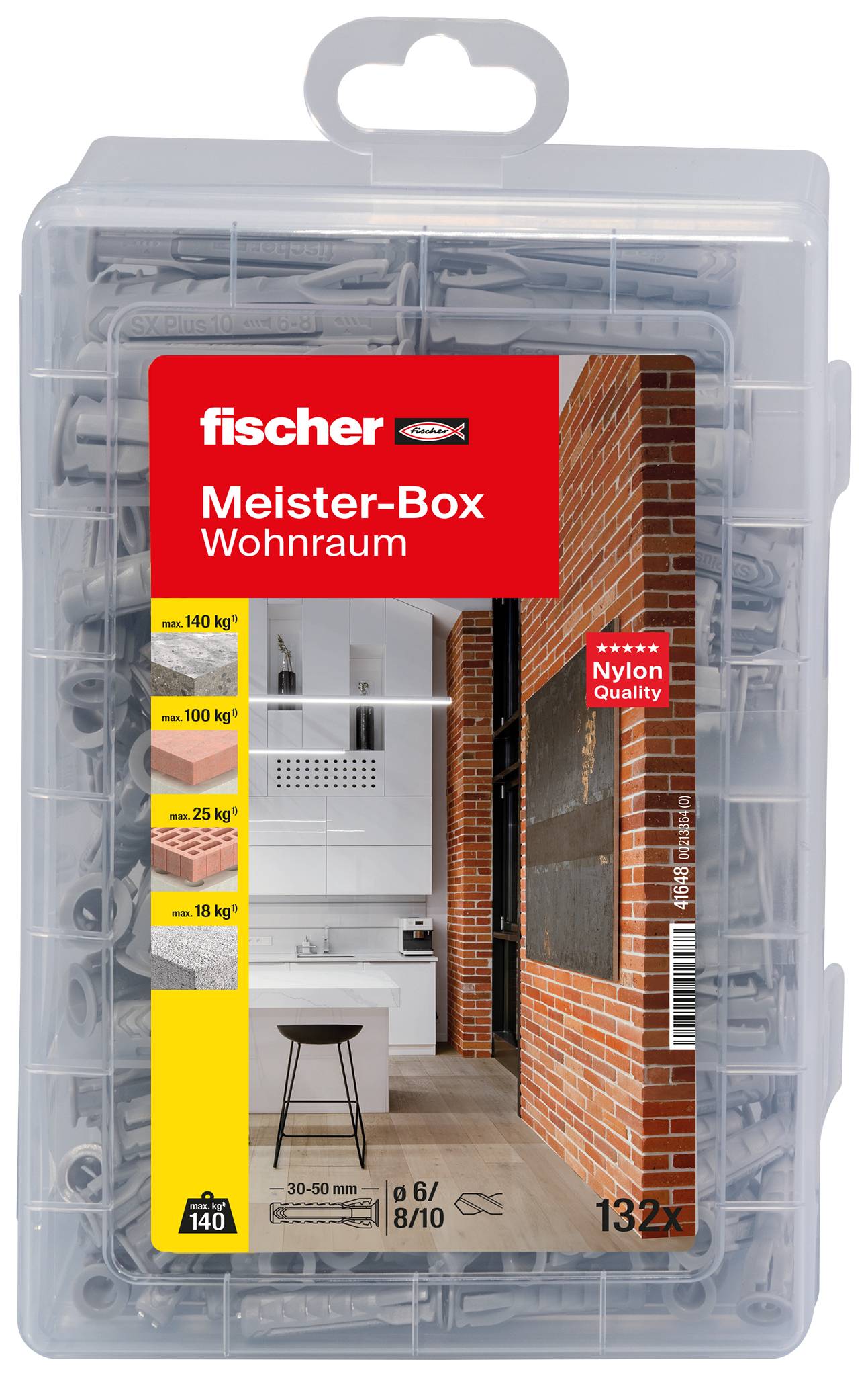 Plastikowa szafka organizacyjna oznaczona jako „fischer Meister-Box Wohnraum" do kołków do ścian/mocowań, pokazująca asortyment kotwic nylonowych i wartości nośności.