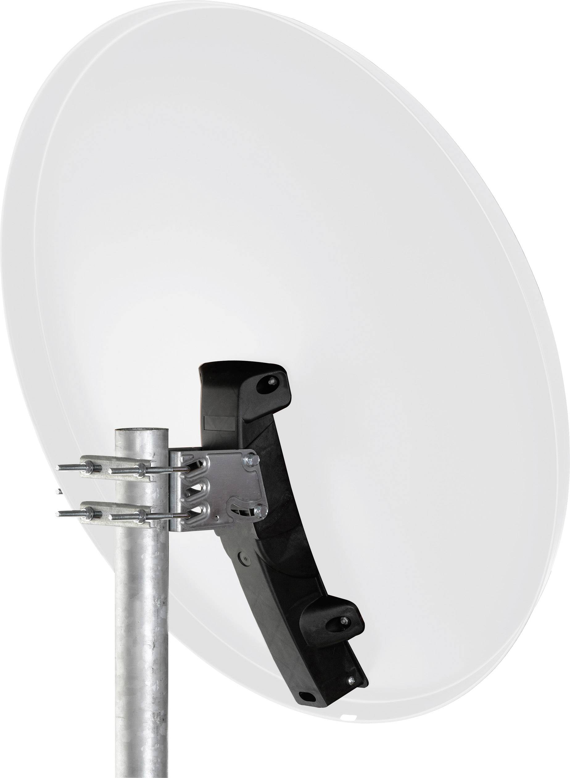 Biała antena satelitarna jest przymocowana do metalowego słupa.