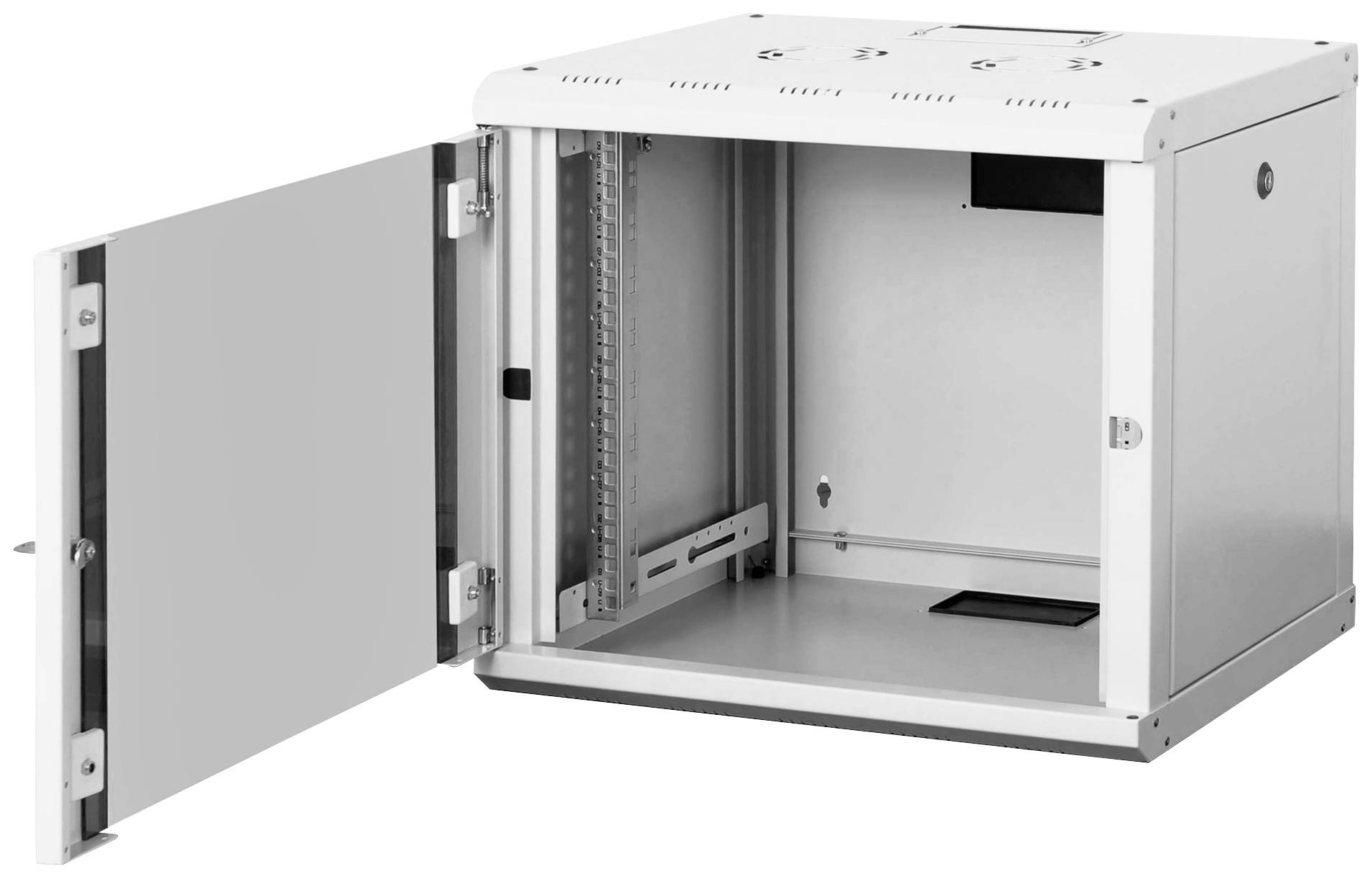Szafa metalowa z otwartymi drzwiami, ukazująca pustą przestrzeń wewnętrzną przeznaczoną do przechowywania urządzeń technicznych lub magazynowania.