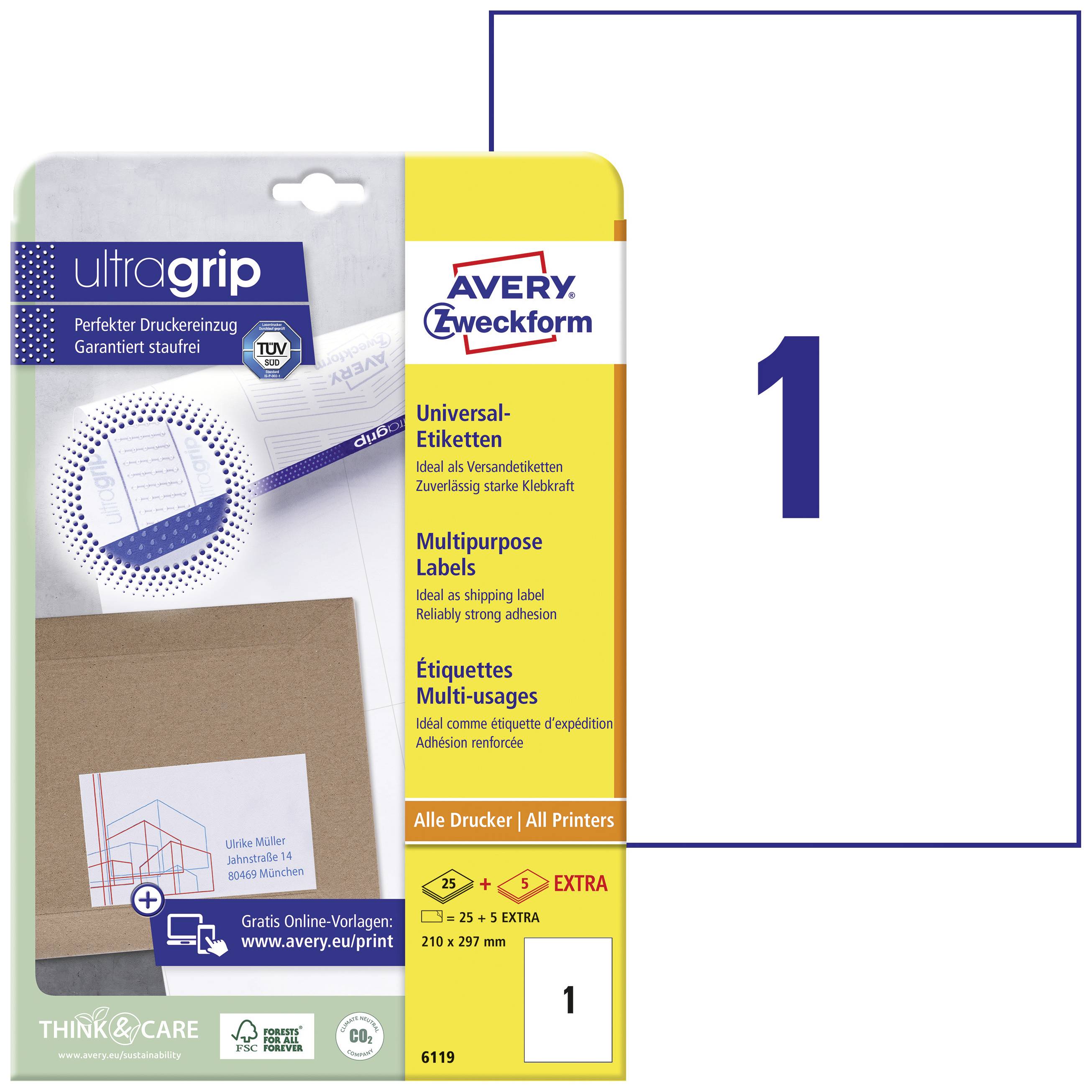 Універсальна етикетка Avery-Zweckform 6119 210 x 297 мм Білий папір 30 шт. Міцний струменевий принтер, лазерний принтер, кольорови