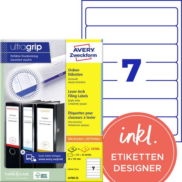 Avery-Zweckform Etykiety do folderów L4760-25 38 x 192 mm Papier biały Trwały 210 szt.