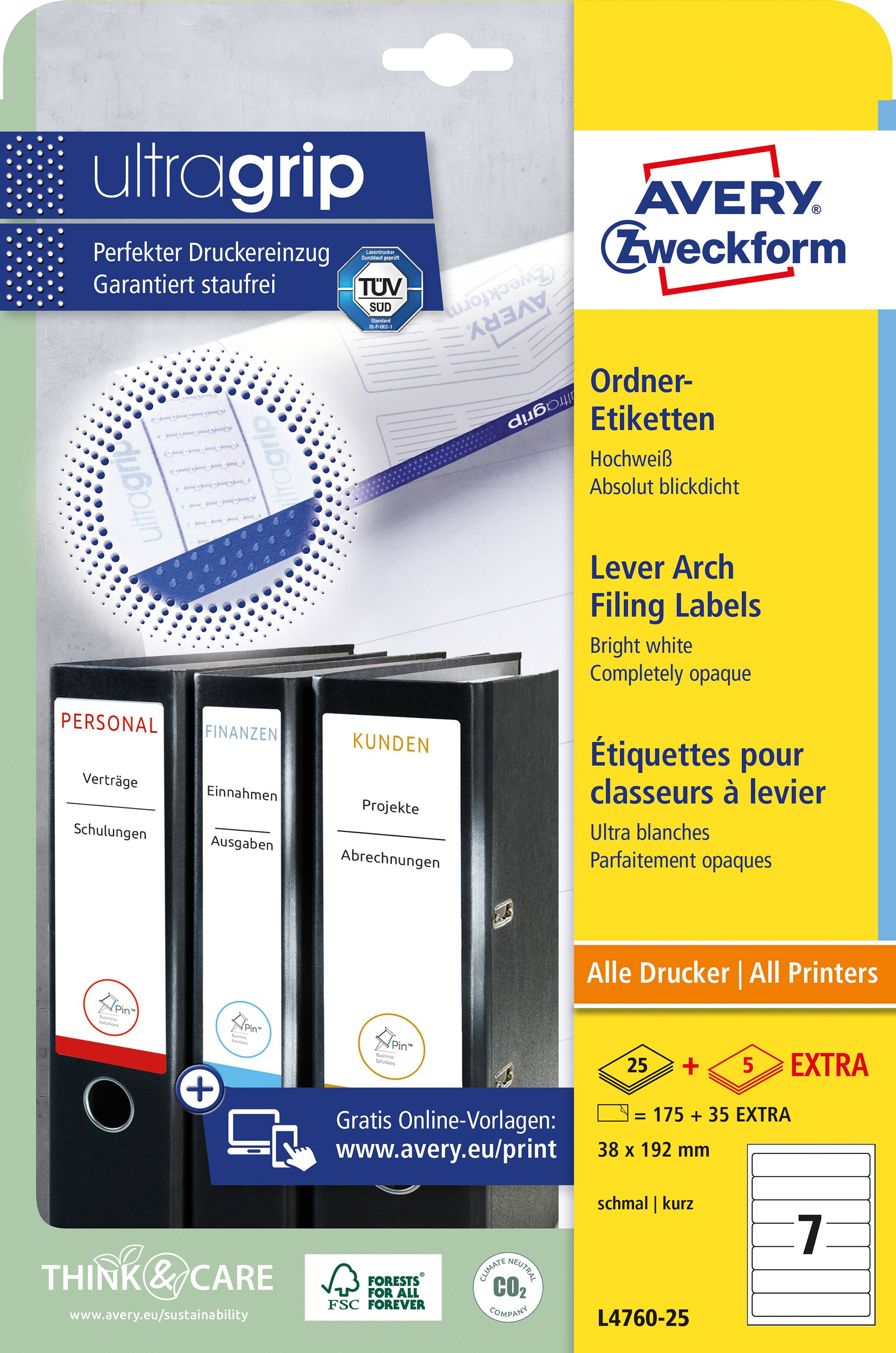 Етикетки для папок Avery-Zweckform L4760-25 38 x 192 мм, білий міцний папір, 210 шт.