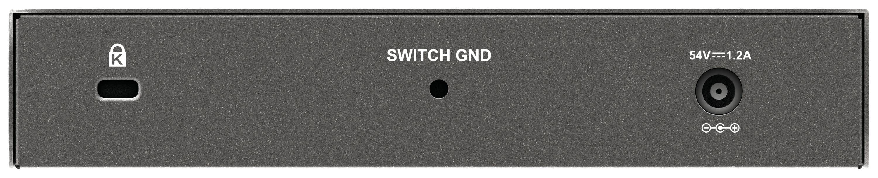 Obraz przedstawia tylną część urządzenia elektronicznego z polem oznaczenia przełącznika 'SWITCH GND', symbolem zamka oraz złączem zasilającym opisanym jako '54V == 2A'.