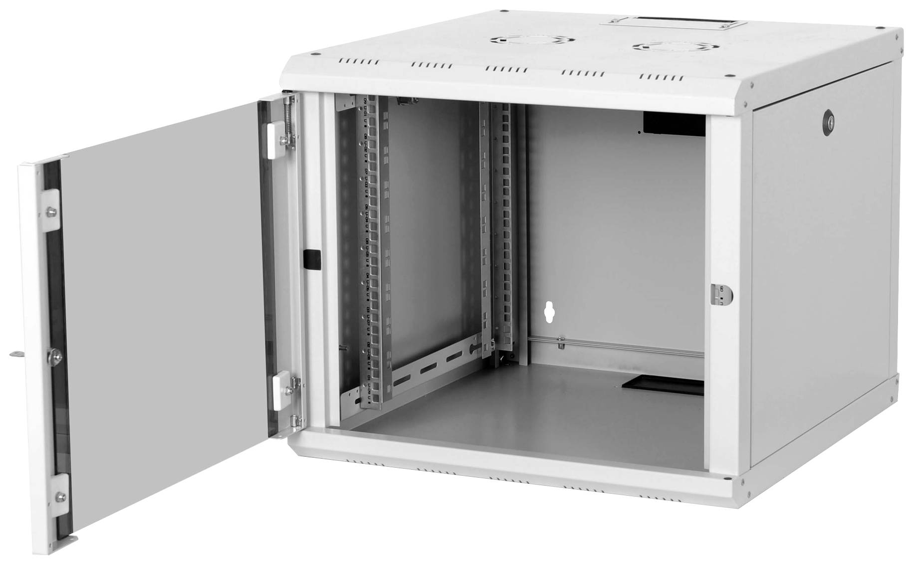 Metalowy szafa sieciowa lub serwerowa z otwartymi drzwiami, prezentująca półki na urządzenia elektroniczne. Odpowiednia do infrastruktur informatycznych.