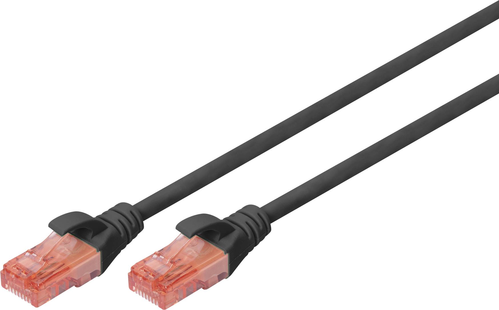 Czarny kabel Ethernet z czerwonymi wtykami, używany do połączeń sieciowych.