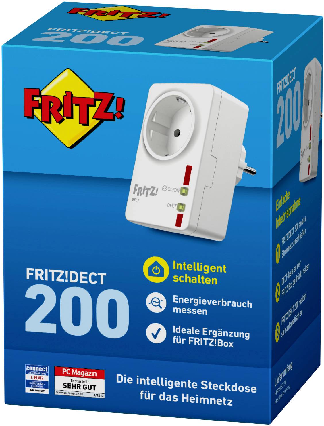 FRITZ!DECT 200: Inteligentne gniazdko do pomiaru zużycia energii i sterowania, kompatybilne z FRITZ!Box, na niebieskim opakowaniu.