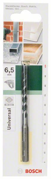 Wiertło uniwersalne Bosch 6,5 mm na opakowaniu przedstawiającym zastosowania w różnych materiałach, takich jak beton i drewno.