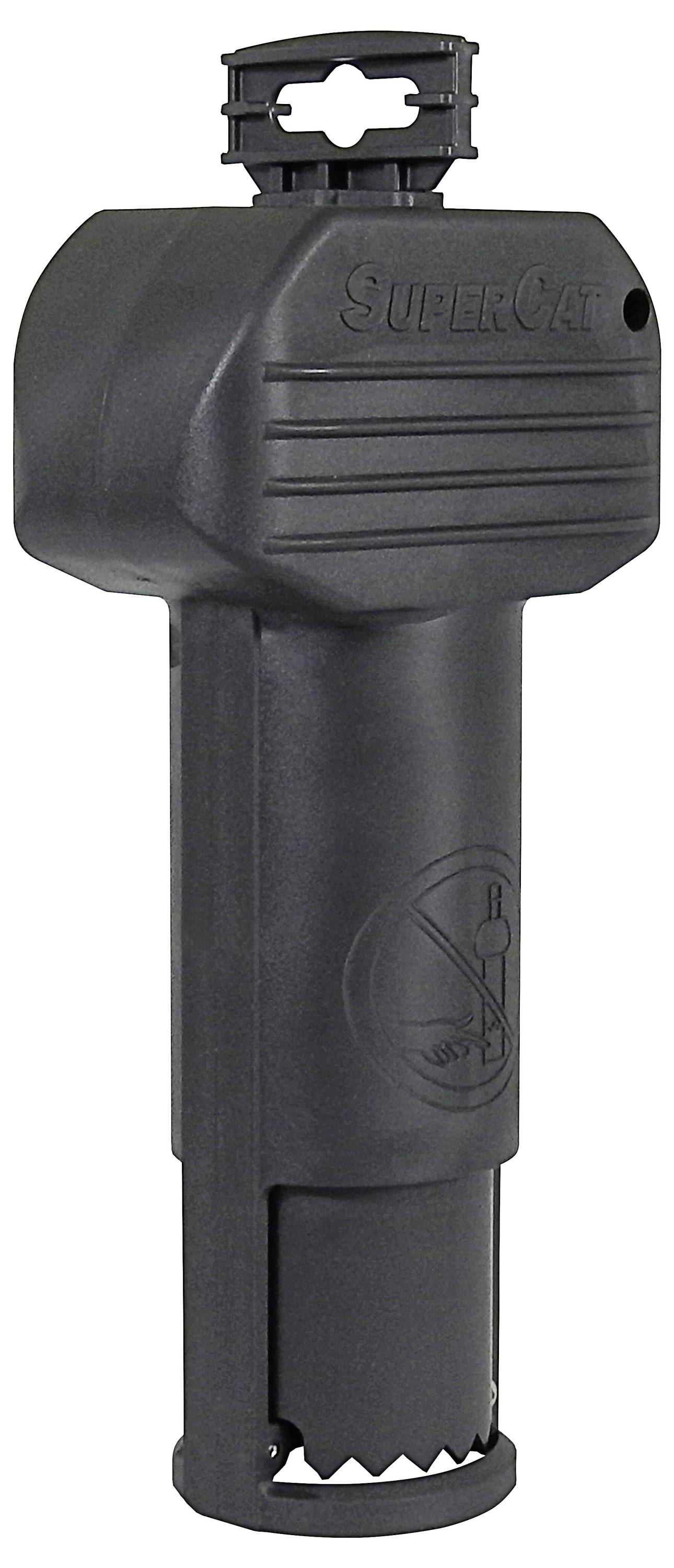 Czarna pułapka na szczury SuperCat, pokazująca cylindryczne corpo z ząbkowaną krawędzią i ostrzeżeniami bezpieczeństwa na boku.