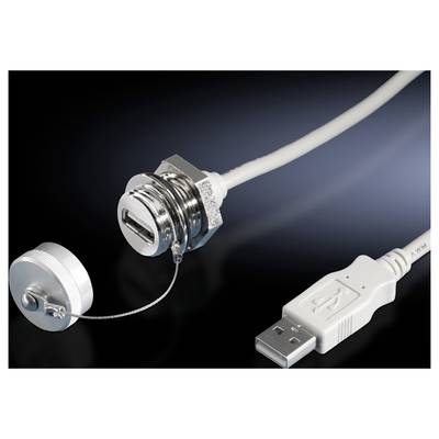 Wtyczka i gniazdo USB z osłoną, połączone białym przewodem, na czarnym tle.