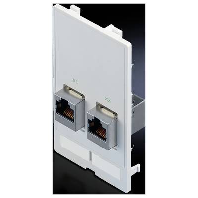 Dwie gniazda RJ45 oznaczone jako 'X1' i 'X2' na prostokątnej, białej płycie montażowej.