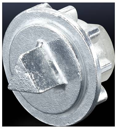 Srebrny, cylindryczny element metalowy z płaskim dyskiem i wystającym klinem pośrodku.