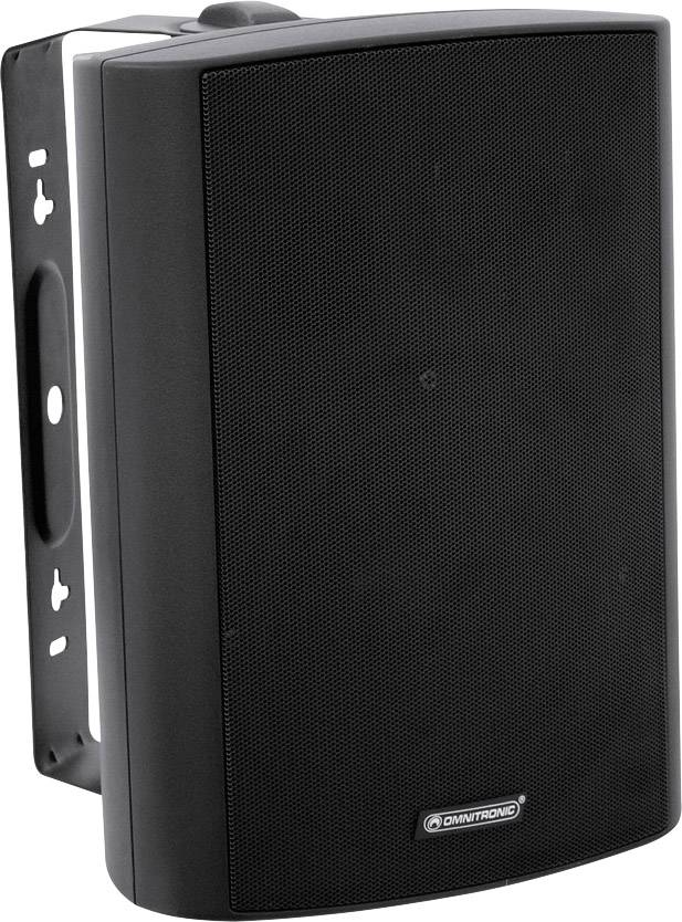 Czarno-biały głośnik marki Omnitronic, nadający się do montażu ściennego, z widocznym metalowym mocowaniem po boku.