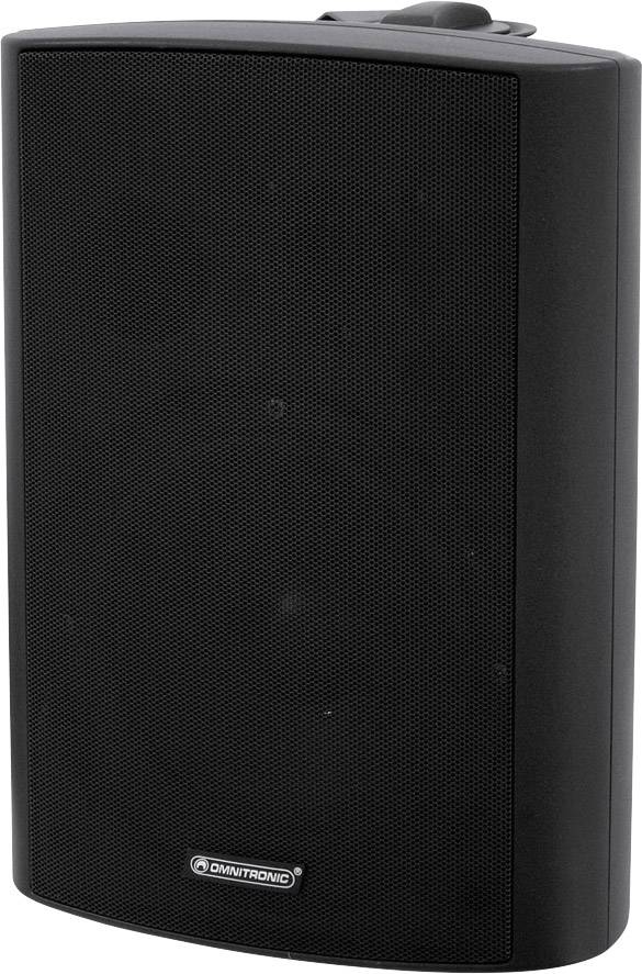 Czarny głośnik o prostokątnym kształcie, zaokrąglonych krawędziach, z logo 'Omnitronic' na przedniej części.